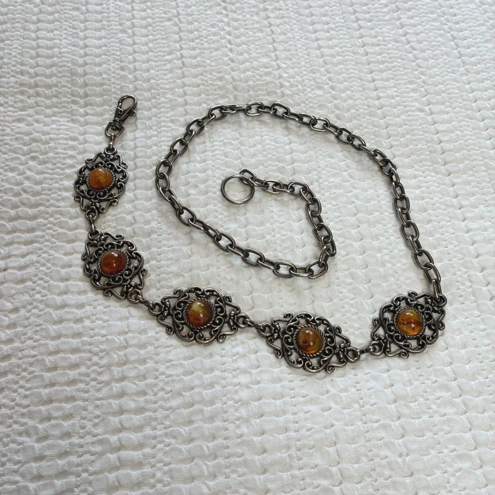 Y2K Silver Filigree Belt Metal Chain Amber Resin Romantic Low Slung Adjustable
